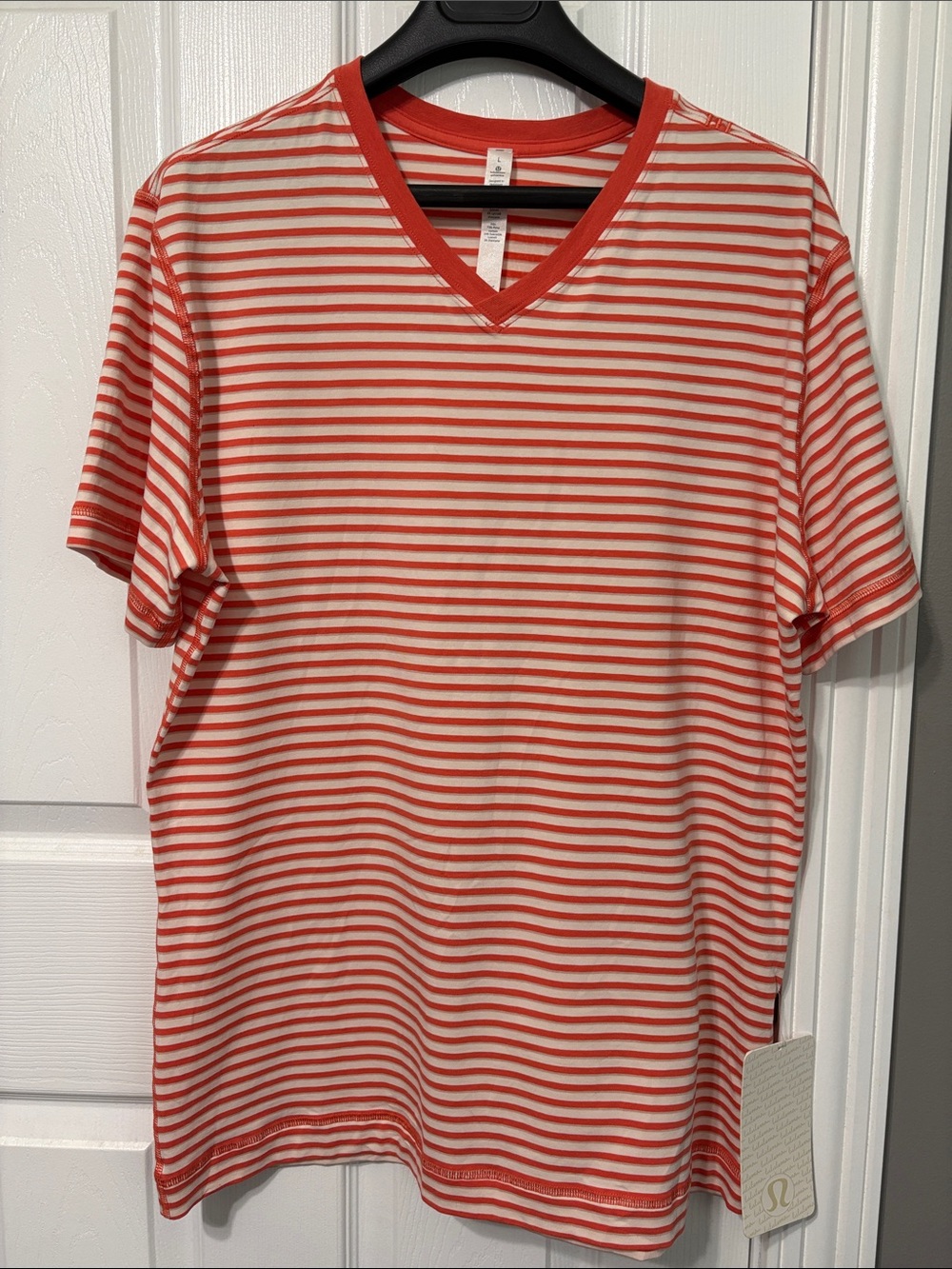lululemon athletica Men's Orange and White Striped V-Neck Tee